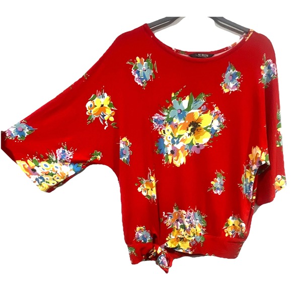 Lauren Ralph Lauren Tops - Lauren Ralph Lauren Red Floral Batwing Sleeve Side Tie Knit Top Small
